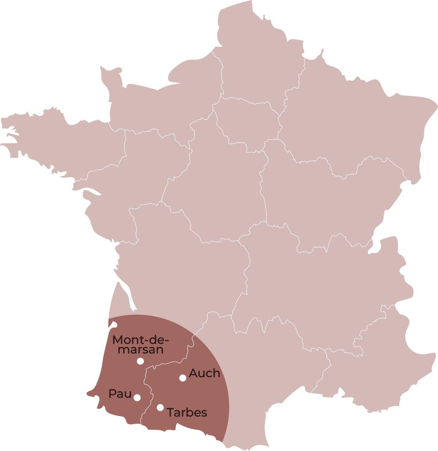 Carte de France indiquant la zone d’intervention autour de Pau et Pyrénées-Atlantiques
