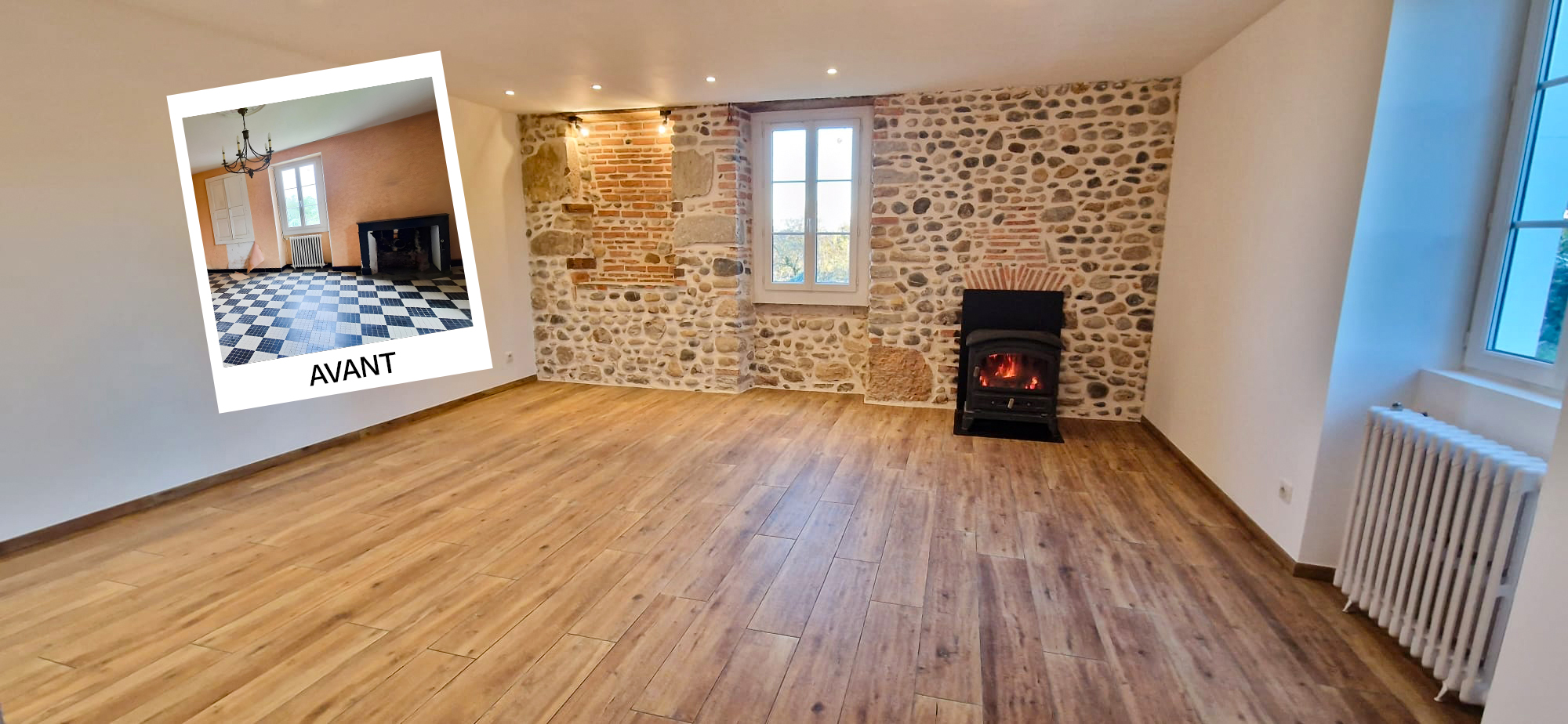 Rénovation intérieure à Pau avec carrelage effet bois et mur en pierres apparentes